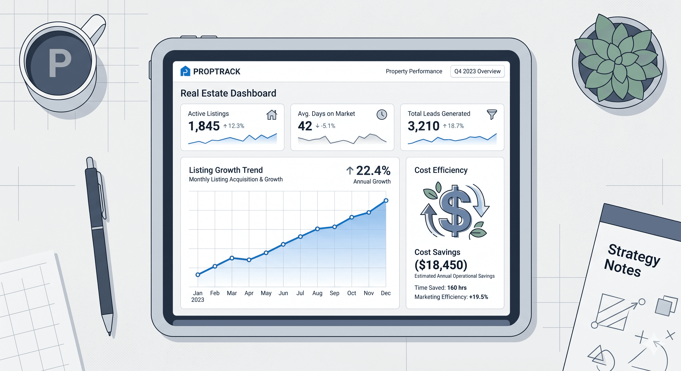 Modern analytics dashboard illustrating cost savings through affordable MLS listing management for brokerages.