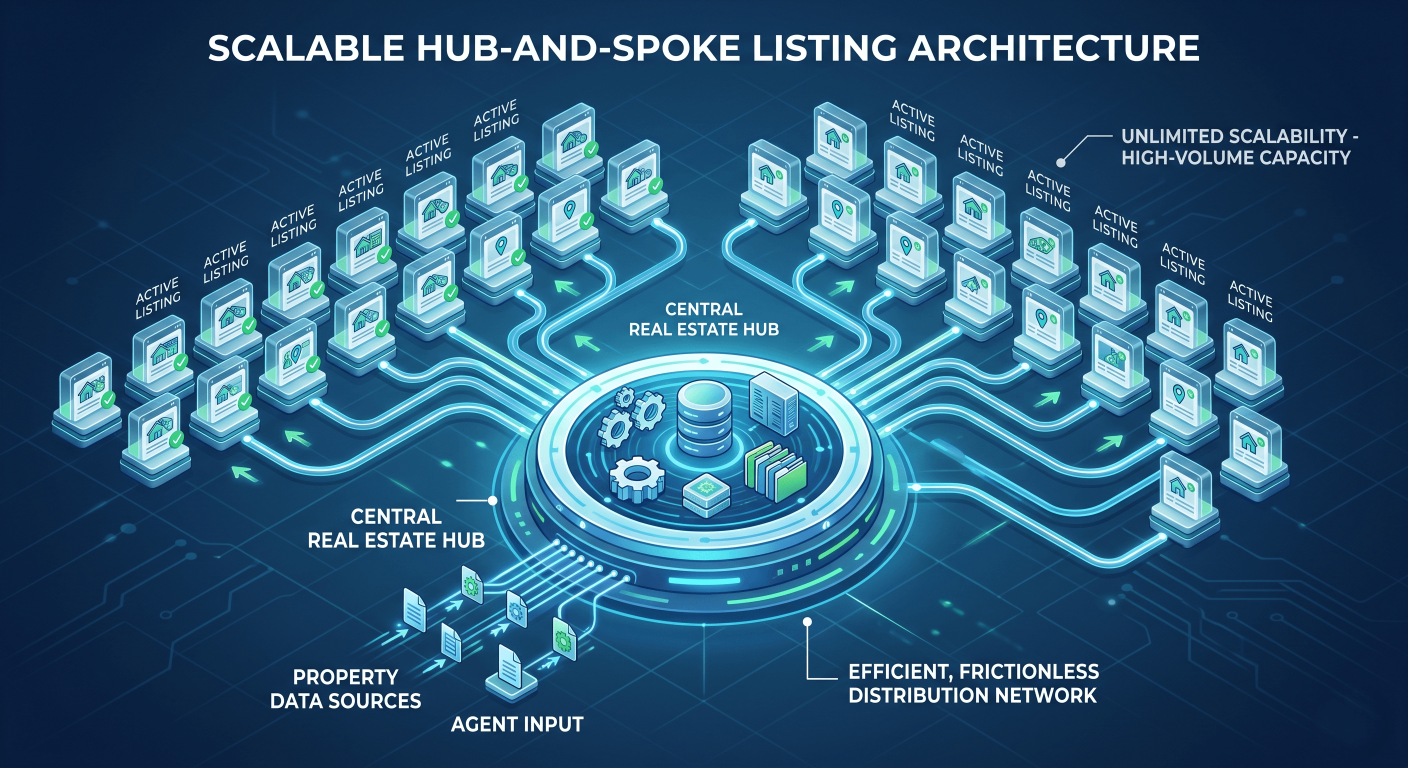 Scalable architecture diagram illustrating operational leverage and listing volume capacity in real estate