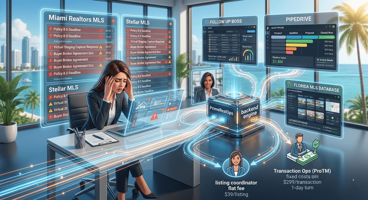 Isometric 3D illustration showing the PrimeRealOps backend engine seamlessly automating data entry and compliance into Florida MLS systems and real estate CRMs.
