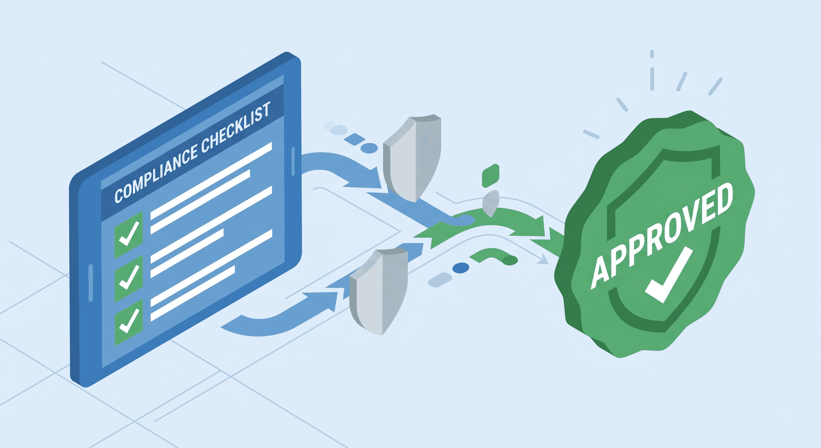 Minimalist isometric graphic showing automated real estate compliance checks and listing coordination workflows