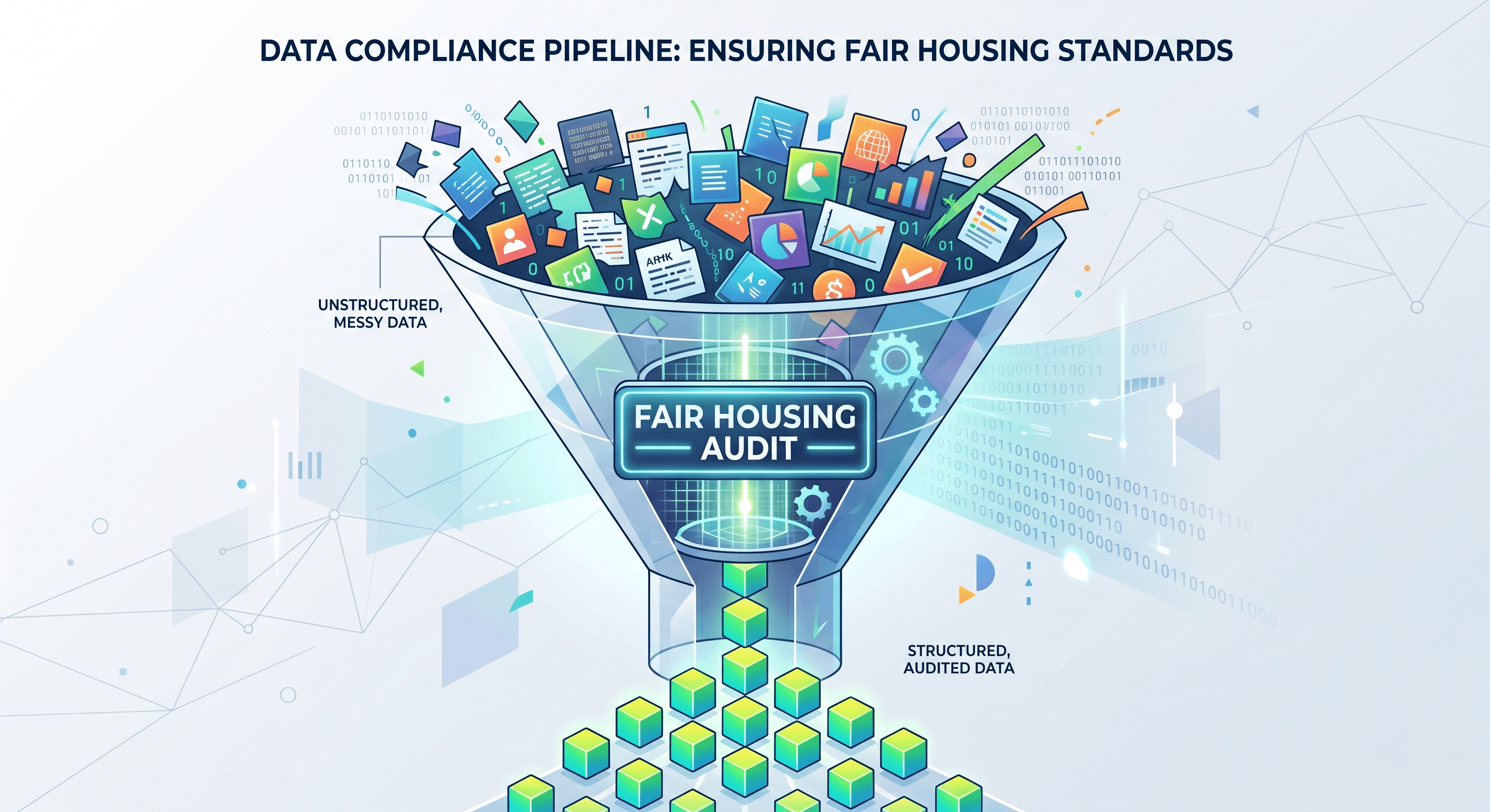 Geometric funnel diagram illustrating real estate Fair Housing compliance audits and data filtering